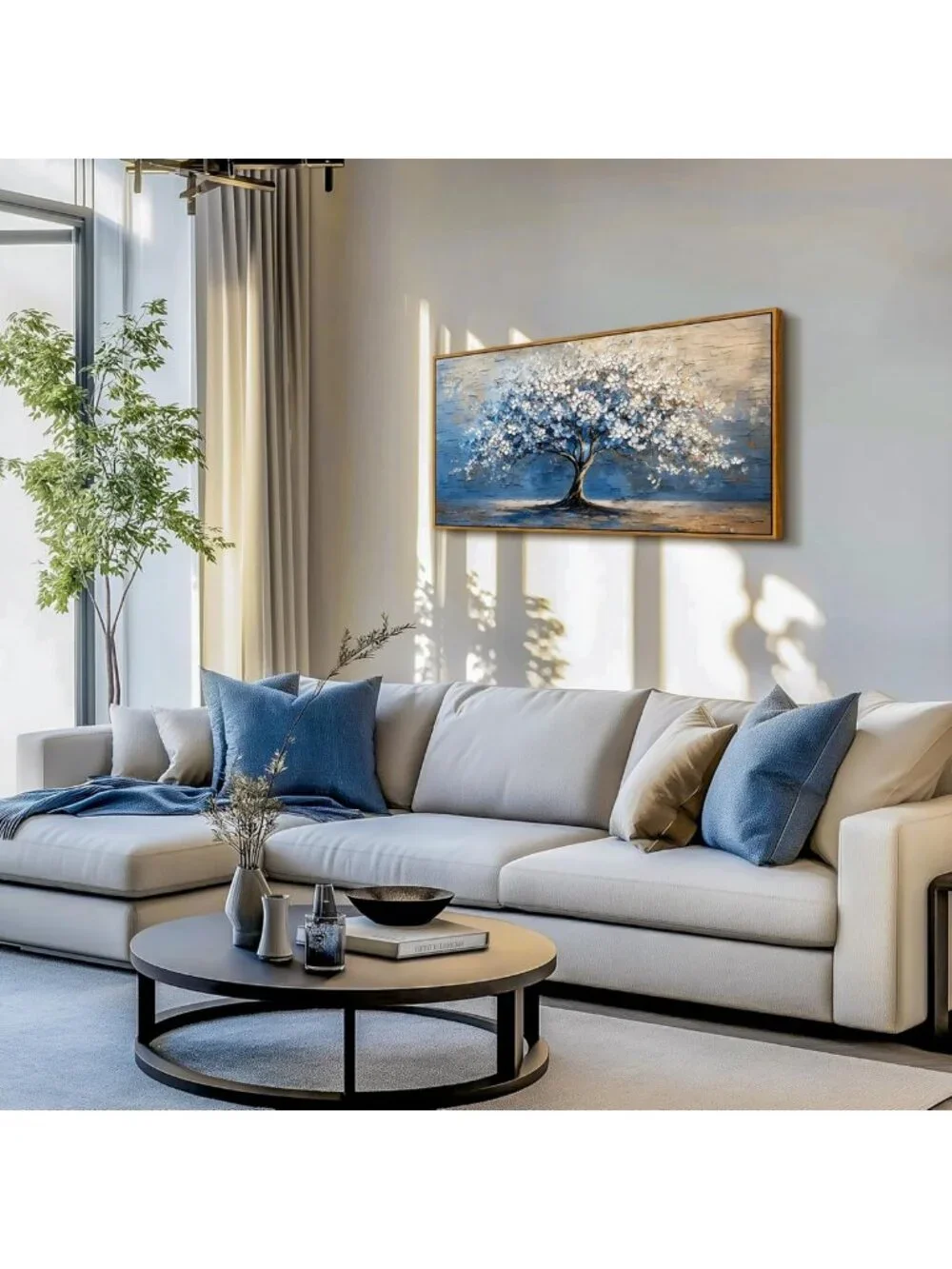 Large Framed Tree of Life Wall Art - Blue Abstract Cherry Blossom Decor 20x40